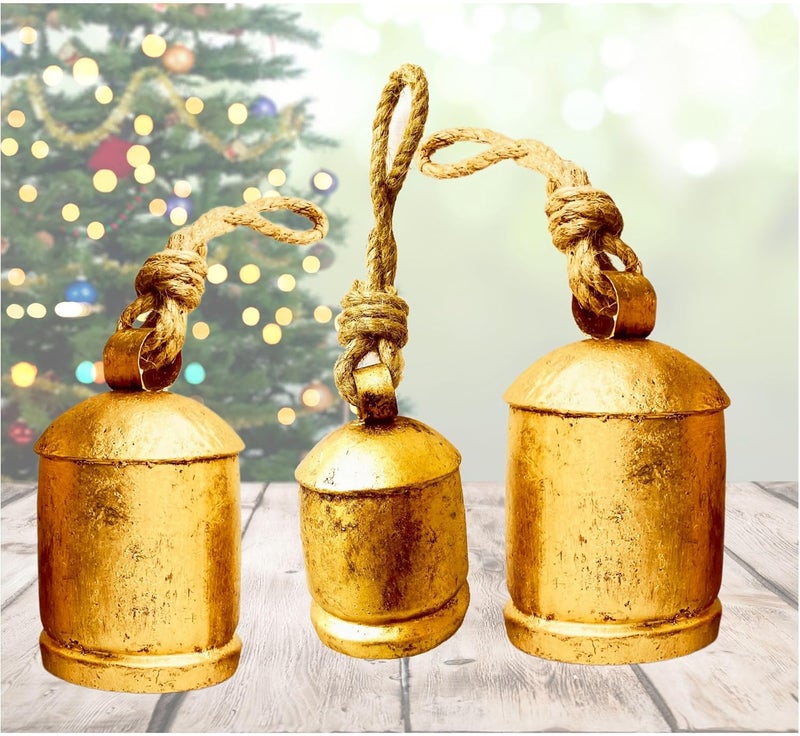 ALADEAN Rustic Harmony Cow Bells Decorative Set of 3 Christmas Bell Large Vintage Golden Cow Bell Brass Coated Country Bells Wall Hanging Cowbell Lucky Charm (3"-4"-5") - Image 1